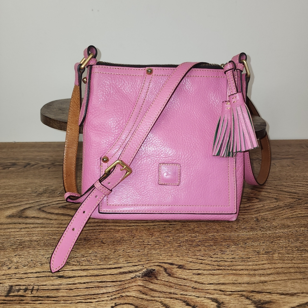 Gorgeous Pink Leather Dooney and Bourke Crossbody with Tassels and Gold Hardware